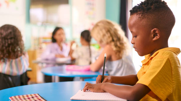 istock Male Primary Or Elementary School Student At Desk In Multi-Cultural Class With Teacher In Background 2096485700