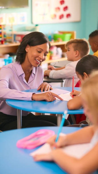 istock Female Primary Or Elementary School Teacher Helping Students At Desks In Multi-Cultural Class 2096486867