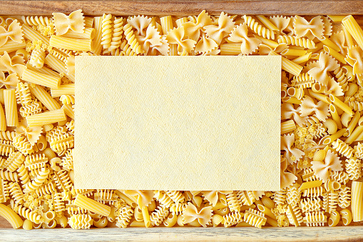 Background of various types of Italian pasta Top view Italian pasta