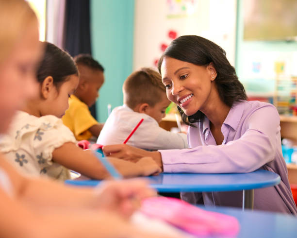 istock Female Primary Or Elementary School Teacher Helping Students At Desks In Multi-Cultural Class 2096492913