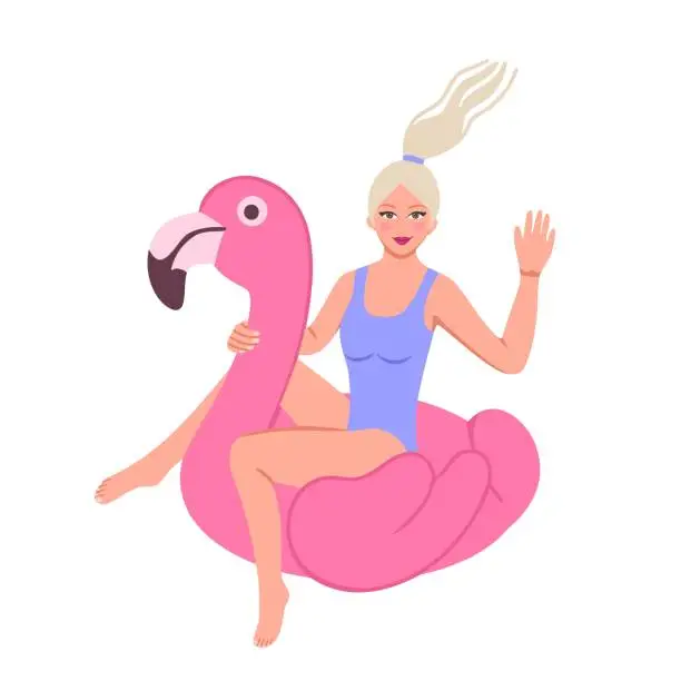 Vector illustration of girl sits on an inflatable flamingo