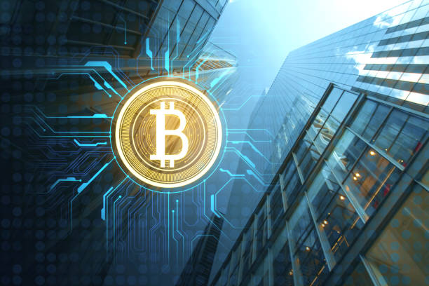 istock Creative bitcoin circuit hologram on blurry city background. Cyber hologram concept. Double exposure. 2096501968