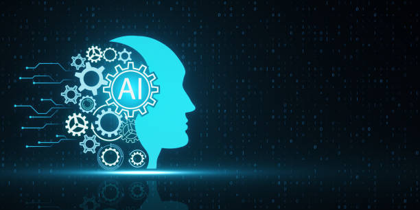istock Creative head outline and cogs ai hologram on dark blue tech background with mock up place. Artificial intelligence and machine learning concept. 3D Rendering. 2096504259