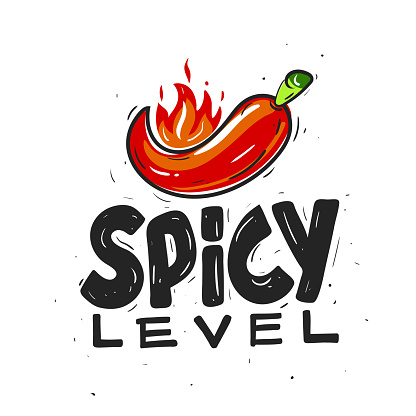 Red Hot Chili with fiery tongues of flame. Illustration hand drawn text of Spicy Pepper. Inscription level hot pepper spices. Vector file.