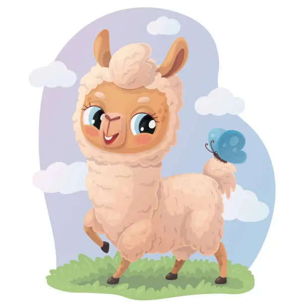 Vector illustration of Cute white lama walking in nature and playing with a butterfly