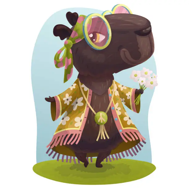 Vector illustration of A bright cute capybara character in a fashionable hippie style costume