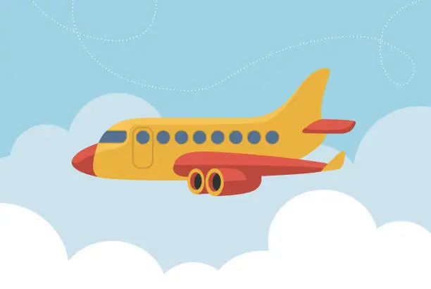 Vector illustration of Flying airplane, jet aircraft, airliner. Side view of  passenger air plane flying in the sky.