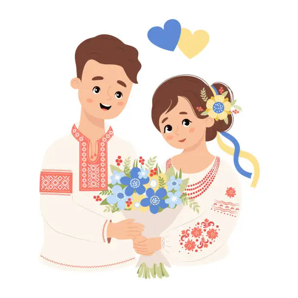 Vector illustration of Happy Ukrainian couple people. Cute man and woman in traditional national clothes, embroidered shirt vyshyvanka with bouquet flowers and yellow-blue hearts. Vector illustration