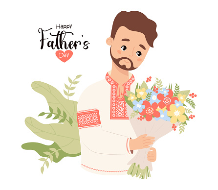 Happy Father's Day card. Ukrainian bearded man in traditional embroidered clothes, vyshyvanka with bouquet flowers. Festive nation male character. Vector illustration.