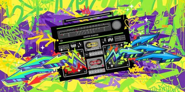 Vector illustration of Colorful Abstract Detailed Ghetto Blaster Urban Style Hiphop Graffiti Street Art Vector Template