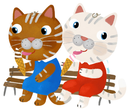 cartoon scene with cat friends spending time together having fun sitting on bench eating ice cream and talking illustration for kids