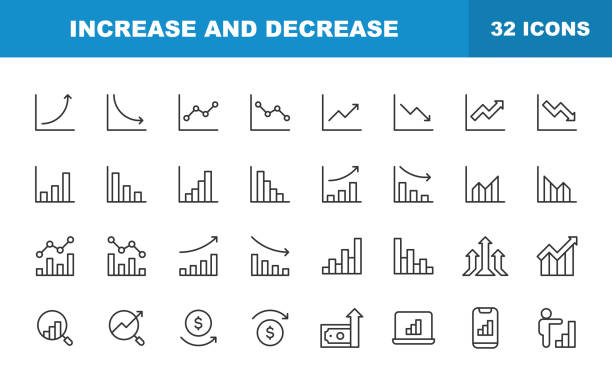 increase and decrease line icons. editable stroke, contains such icons as arrow, chart, diagram, finance, direction, graph, growth, interest rate, investment, performance, stock market, data. - graf stock illustrations