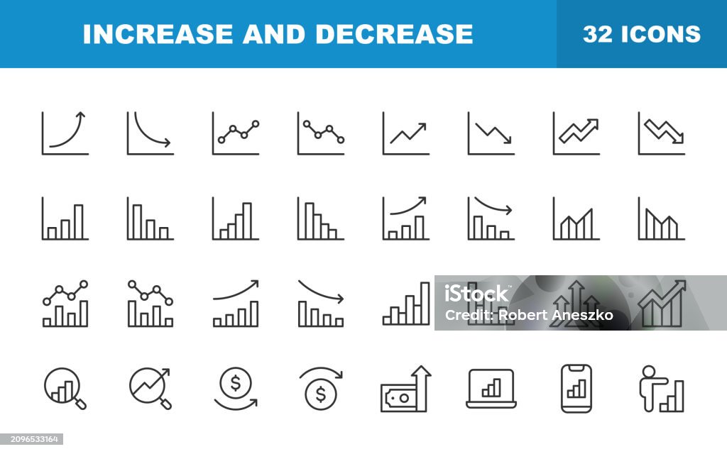 Increase and Decrease Line Icons. Editable Stroke, Contains such icons as Arrow, Chart, Diagram, Finance, Direction, Graph, Growth, Interest Rate, Investment, Performance, Stock Market, Data. - Royalty-free Símbolo de ícone arte vetorial Increase and Decrease Line Icons. Editable Stroke, Contains such icons as Arrow, Chart, Diagram, Finance, Direction, Graph, Growth, Interest Rate, Investment, Performance, Stock Market, Data. - Royalty-free Símbolo de ícone arte vetorial