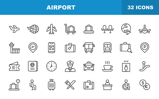 Airport Line Icons. Editable Stroke. Contains such icons as Airplane, Checkout, Flight, Flying, Luggage, Passenger, Passport, Suitcase,, Ticket, Transport, Travel, Vacation.