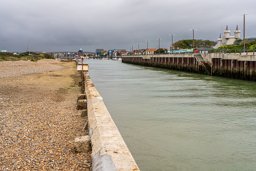 Littlehampton, West Sussex, England, UK - October 04, 2022: The Arun River and the entrance to the harbour