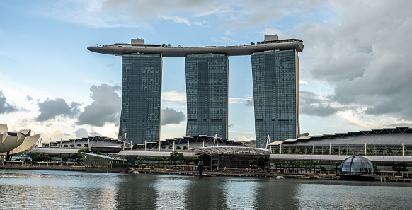Singapore, 19 March 2024: Marina Bay Sands. Singapore symbol, stands proudly in skyline of Marina Bay. striking architecture, with three connected towers and unique rooftop, iconic landmark