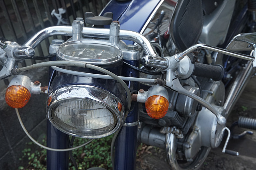 Front view of a Japanese-made motorcycle produced in the 1960s, photographed data March 2024, Kanagawa Prefecture, Kamakura City, Japan.