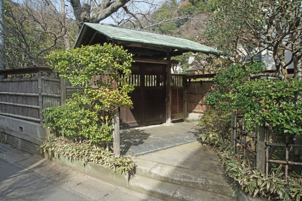 Photographed from the public road side of the Japanese-style entrance of a private house found in Kamakura, photographed data March 19, 2024, Kanagawa Prefecture, Kamakura City, Japan.