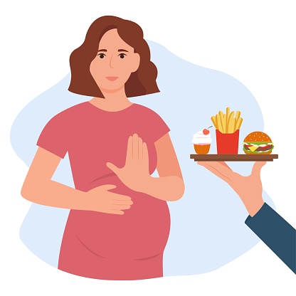 Pregnant woman refuse fast food.  Unhealthy,fat, high-calorie meals. Dieting and healthy lifestyle. Vector illustration