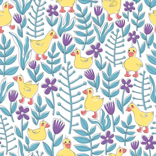 Vector illustration of Seamless pattern for baby fabrics with cute goslings and beautiful flowers