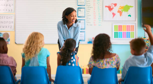 istock Rear View Of Primary Or Elementary School Students Sitting In A Line With Hand Up 2096558379