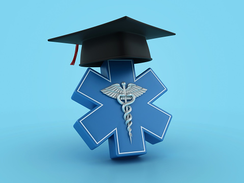 Medical Symbol Caduceus with Graduation Cap - Color Background - 3D Rendering