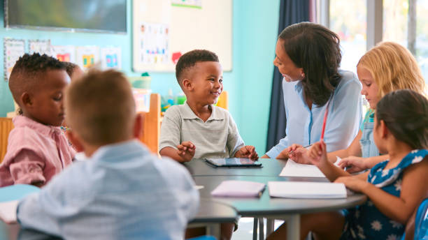 istock Female Primary Or Elementary School Teacher Helping Students With Digital Tablet At Table In Class 2096572931