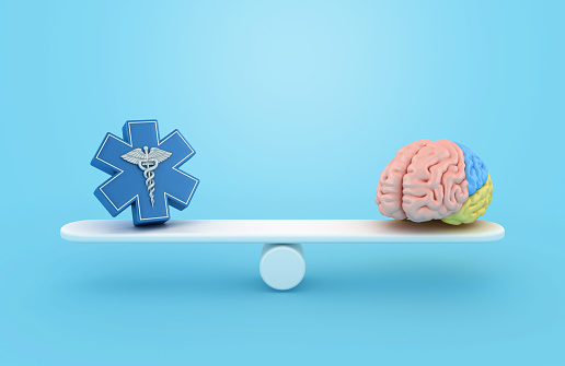 Medical Symbol Caduceus with Brain on Seesaw - Color Background - 3D Rendering