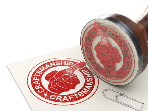 Rubber stamp with the word craftsmanship pinted in red color on a paper sheet. 3d illustration.