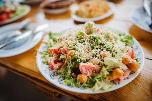 Closeup of a fresh Caesar salad