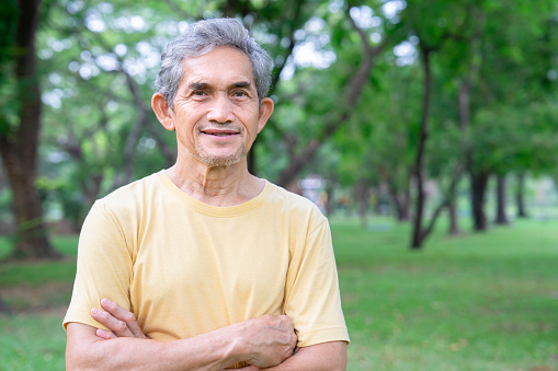 portrait asian senior man standing crossed arm in the summer park