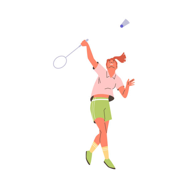 Girl in motion, badminton game vector illustration. Dynamic illustration of a girl playing badminton and swinging her racket to hit the shuttlecock. Ideal for sports themed designs. Vector on isolated background. badminton logo stock illustrations