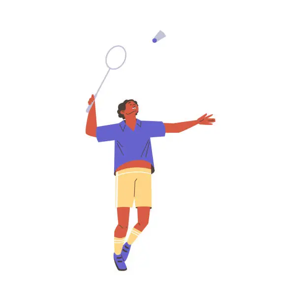 Vector illustration of Young man playing badminton flat style, vector illustration