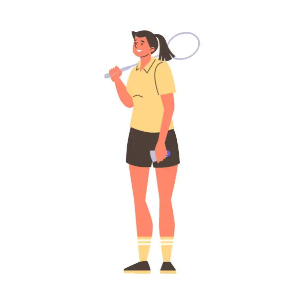 Vector illustration of Badminton female player standing with racket on the shoulder and shuttlecock in hand, vector cartoon sport game break