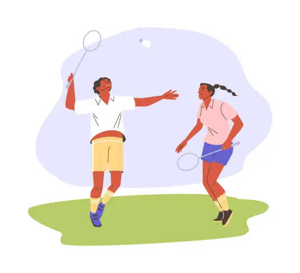 Vector illustration of Badminton players with racket in action, sport game, vector cartoon young woman and man getting ready to hit shuttlecock