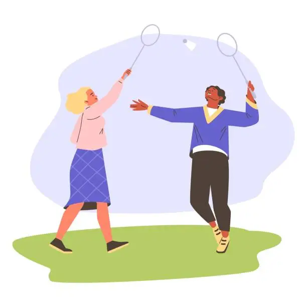 Vector illustration of Badminton players with racket in action, vector cartoon young woman and man getting ready to hit shuttlecock sport game