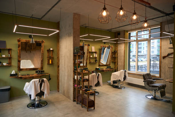 istock Barbershop workplace with equipment chair and mirror 2096632541