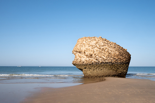 A large, weathered rock on the sandy beach of MatalascaÃ±as, under a clear blue sky.