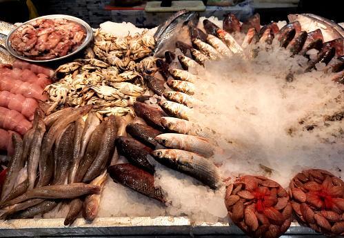 Fresh seafood of Tilapia fish, Mackerel fish, Saurida undosquamis, the brushtooth lizardfish, large-scale grinner or largescale saury, crabs, clams, mussels, oysters and also called gandofly gandofli, selective focus