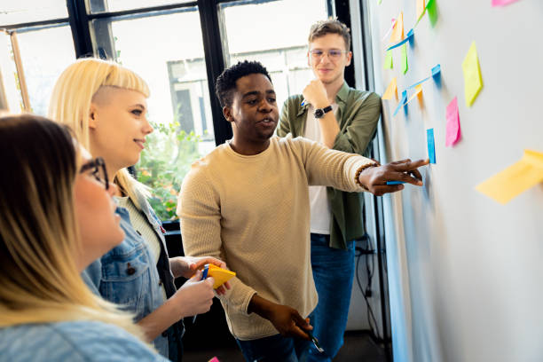 istock Diverse group of young business people working in office using colorful sticky notes on wall to organize their ideas. 2096672366