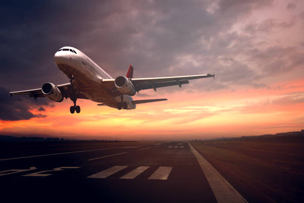 istock Passenger airplane landing at sunset 2096675042