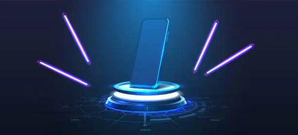 Vector illustration of A modern presentation banner with a 3d scene and a realistic mobile phone on a futuristic platform