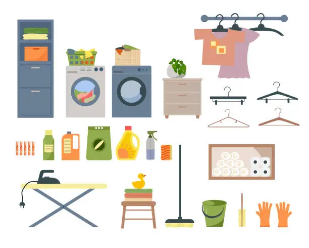 Vector illustration of Laundry interior. A set of items for the laundry - washing machine and dryer, linen, items for cleaning and washing.