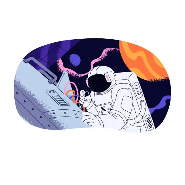 Vector illustration of Astronaut flying in outer space to repair spaceship. Cosmonaut spacewalks to fix breakdown in satellite. Spaceman in spacesuit flies in cosmos. Flat isolated vector illustration on white background