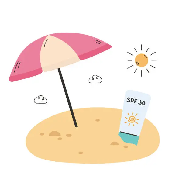 Vector illustration of Summer sunscreen spray and beach umbrella on sand. Sunscreen protection and sun safety. Summer poster. Hand drawn vector illustration