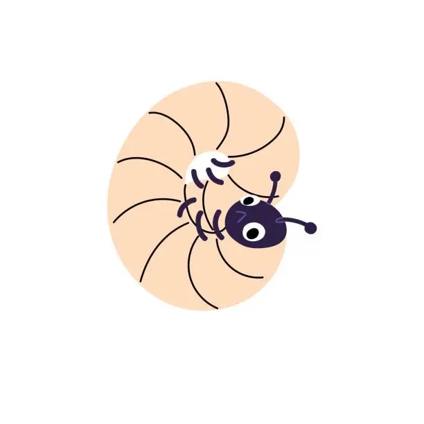 Vector illustration of Cute butterfly larva with shocked emotions. Curled centipede holds its tail with upset facial expression. Adorable little caterpillar, sad worm character. Flat isolated vector illustration on white