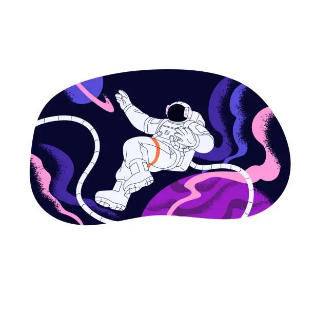 Vector illustration of Astronaut flying in outer space, spacewalks. Cosmonaut travels to planets, explores cosmos, universe. Spaceman in spacesuit, helmet fly in zero gravity. Flat isolated vector illustration on white