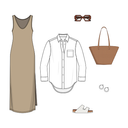 Women fashion summer set with tank maxi dress, white blouse, straw tote bag, flip flops, sunglasses and stylish earrings. Mini capsule of vacation clothes in neutrals hues. Flat vector illustration