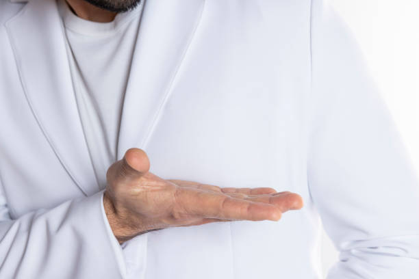 a man in a blue shirt extending his other hand with the palm. This versatile gesture can represent various concepts , making it ideal for business, financial, technological, and conceptual designs.