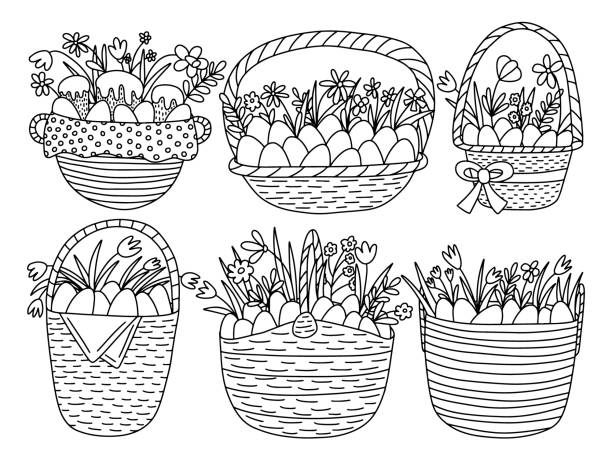 набор пасхальных корзин - easter traditional culture backgrounds basket stock illustrations